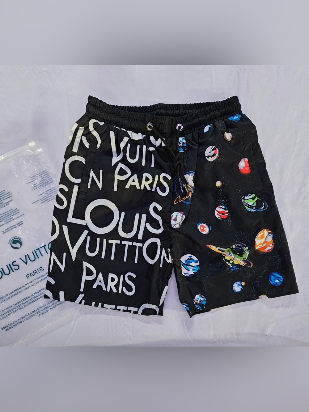 Louis Vuitton Black Graphic Logo & Planetary Print Swim Shorts